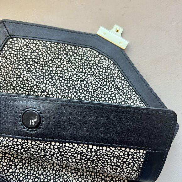 Loeffler Randall Black Leather w/ Animal Print Accent Envelope Crossbody Handbag - Picture 9 of 16